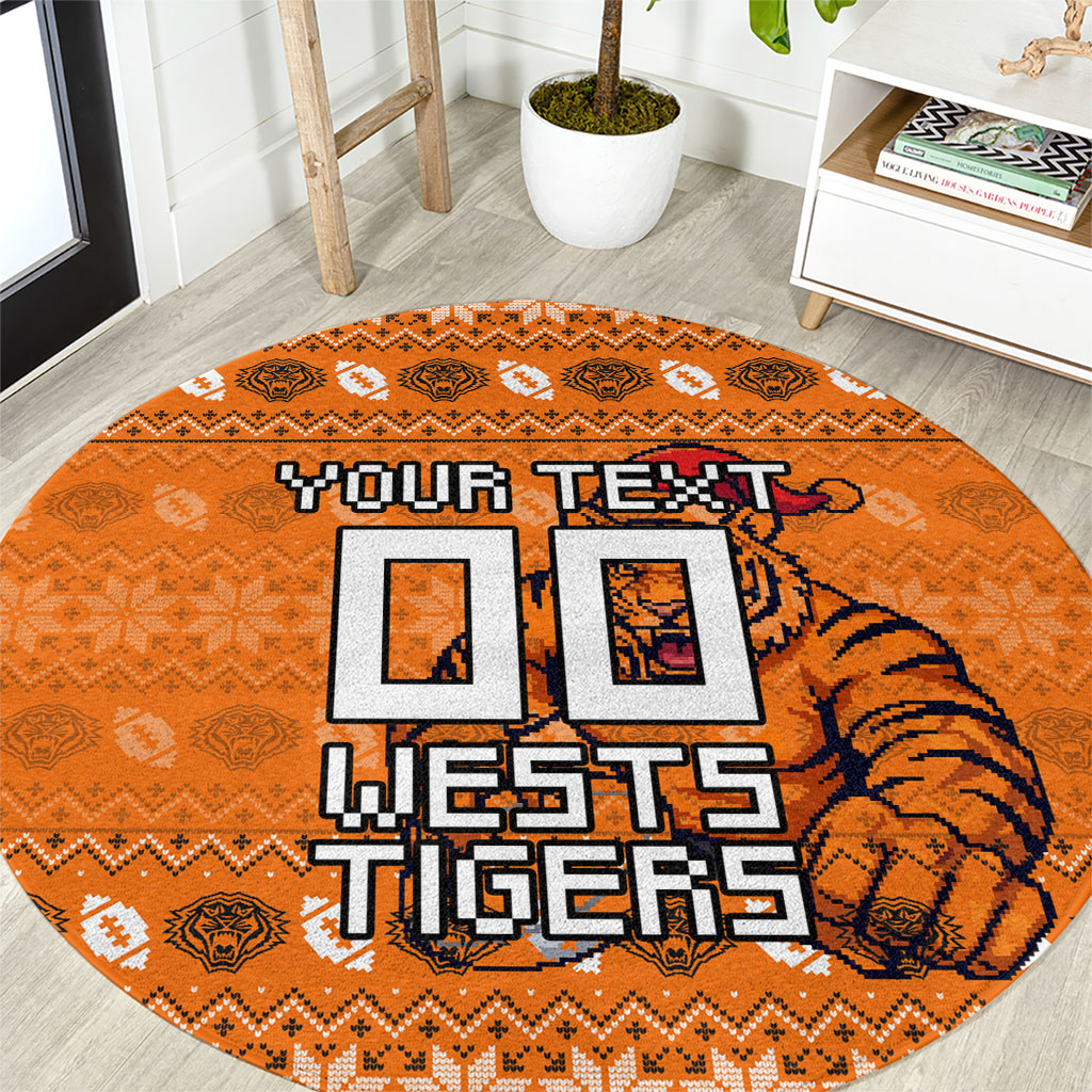 Personalized Wests Tigers Christmas Round Carpet Australian Rugby Fans - Pixelated Ugly Xmas Pattern Mascot Santa