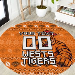 Personalized Wests Tigers Christmas Round Carpet Australian Rugby Fans - Pixelated Ugly Xmas Pattern Mascot Santa
