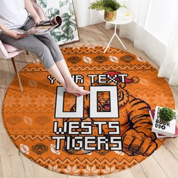 Personalized Wests Tigers Christmas Round Carpet Australian Rugby Fans - Pixelated Ugly Xmas Pattern Mascot Santa