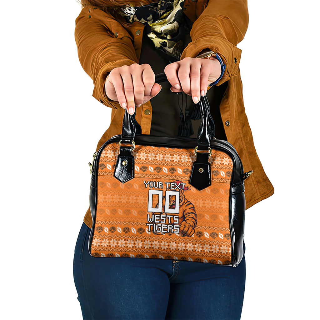 Personalized Wests Tigers Christmas Shoulder Handbag Australian Rugby Fans - Pixelated Ugly Xmas Pattern Mascot Santa