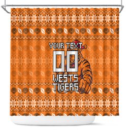 Personalized Wests Tigers Christmas Shower Curtain Australian Rugby Fans - Pixelated Ugly Xmas Pattern Mascot Santa