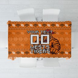 Personalized Wests Tigers Christmas Tablecloth Australian Rugby Fans - Pixelated Ugly Xmas Pattern Mascot Santa