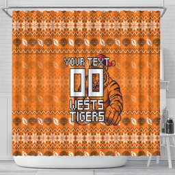 Personalized Wests Tigers Christmas Shower Curtain Australian Rugby Fans - Pixelated Ugly Xmas Pattern Mascot Santa