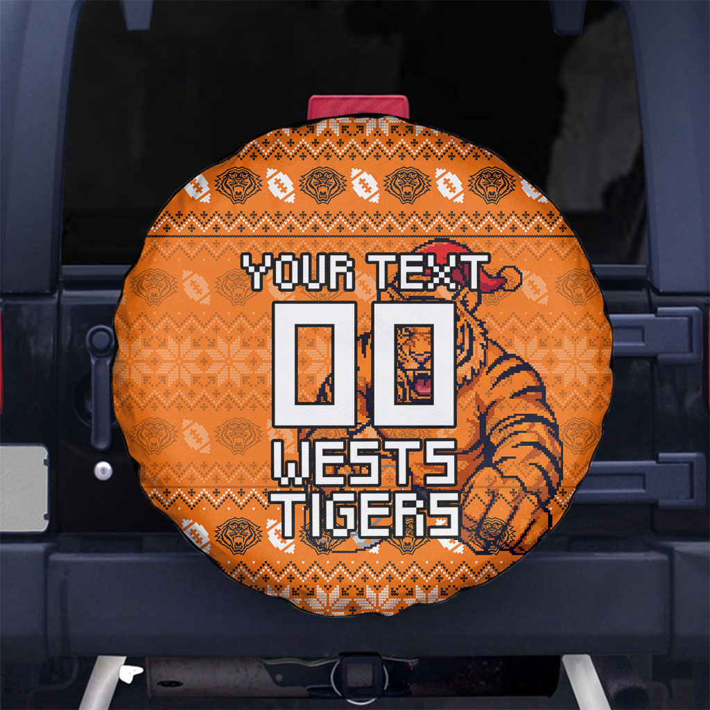 Personalized Wests Tigers Christmas Spare Tire Cover Australian Rugby Fans - Pixelated Ugly Xmas Pattern Mascot Santa