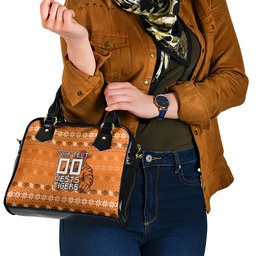 Personalized Wests Tigers Christmas Shoulder Handbag Australian Rugby Fans - Pixelated Ugly Xmas Pattern Mascot Santa