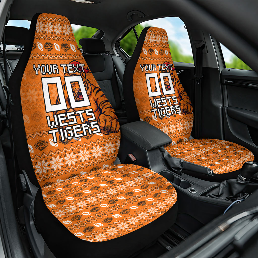 Personalized Wests Tigers Christmas Car Seat Cover Australian Rugby Fans - Pixelated Ugly Xmas Pattern Mascot Santa