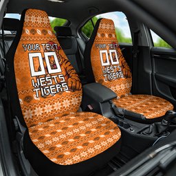 Personalized Wests Tigers Christmas Car Seat Cover Australian Rugby Fans - Pixelated Ugly Xmas Pattern Mascot Santa
