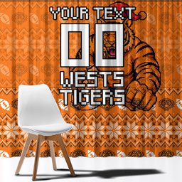 Personalized Wests Tigers Christmas Window Curtain Australian Rugby Fans - Pixelated Ugly Xmas Pattern Mascot Santa