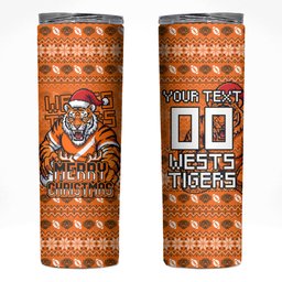 Personalized Wests Tigers Christmas Skinny Tumbler Australian Rugby Fans - Pixelated Ugly Xmas Pattern Mascot Santa