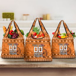 Personalized Wests Tigers Christmas Grocery Bag Australian Rugby Fans - Pixelated Ugly Xmas Pattern Mascot Santa