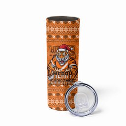 Personalized Wests Tigers Christmas Skinny Tumbler Australian Rugby Fans - Pixelated Ugly Xmas Pattern Mascot Santa
