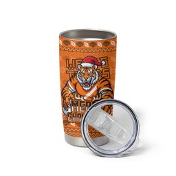 Personalized Wests Tigers Christmas Tumbler Cup Australian Rugby Fans - Pixelated Ugly Xmas Pattern Mascot Santa