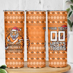 Personalized Wests Tigers Christmas Skinny Tumbler Australian Rugby Fans - Pixelated Ugly Xmas Pattern Mascot Santa