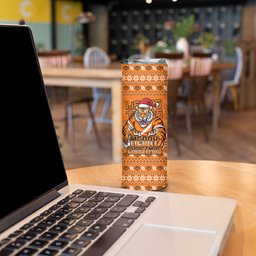 Personalized Wests Tigers Christmas Skinny Tumbler Australian Rugby Fans - Pixelated Ugly Xmas Pattern Mascot Santa