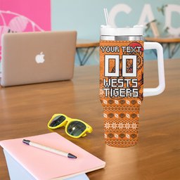 Personalized Wests Tigers Christmas Tumbler With Handle Australian Rugby Fans - Pixelated Ugly Xmas Pattern Mascot Santa
