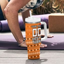 Personalized Wests Tigers Christmas Tumbler With Handle Australian Rugby Fans - Pixelated Ugly Xmas Pattern Mascot Santa