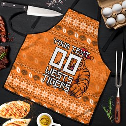 Personalized Wests Tigers Christmas Apron Australian Rugby Fans - Pixelated Ugly Xmas Pattern Mascot Santa