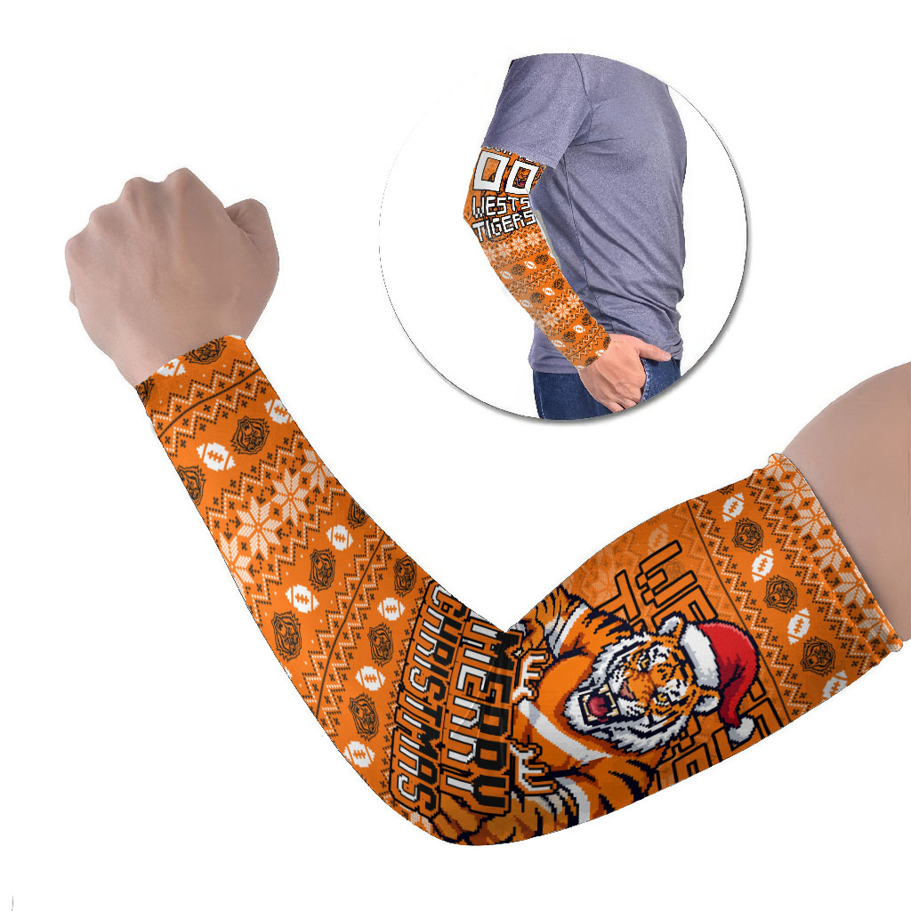 Personalized Wests Tigers Christmas Arm Sleeves Australian Rugby Fans - Pixelated Ugly Xmas Pattern Mascot Santa
