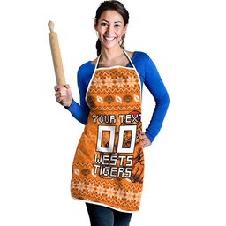 Personalized Wests Tigers Christmas Apron Australian Rugby Fans - Pixelated Ugly Xmas Pattern Mascot Santa