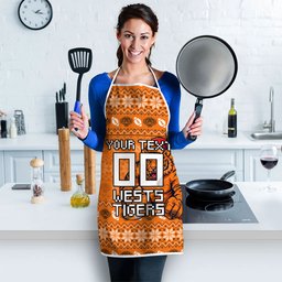 Personalized Wests Tigers Christmas Apron Australian Rugby Fans - Pixelated Ugly Xmas Pattern Mascot Santa