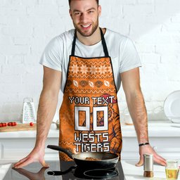 Personalized Wests Tigers Christmas Apron Australian Rugby Fans - Pixelated Ugly Xmas Pattern Mascot Santa