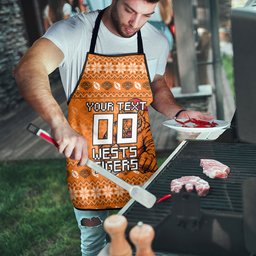 Personalized Wests Tigers Christmas Apron Australian Rugby Fans - Pixelated Ugly Xmas Pattern Mascot Santa