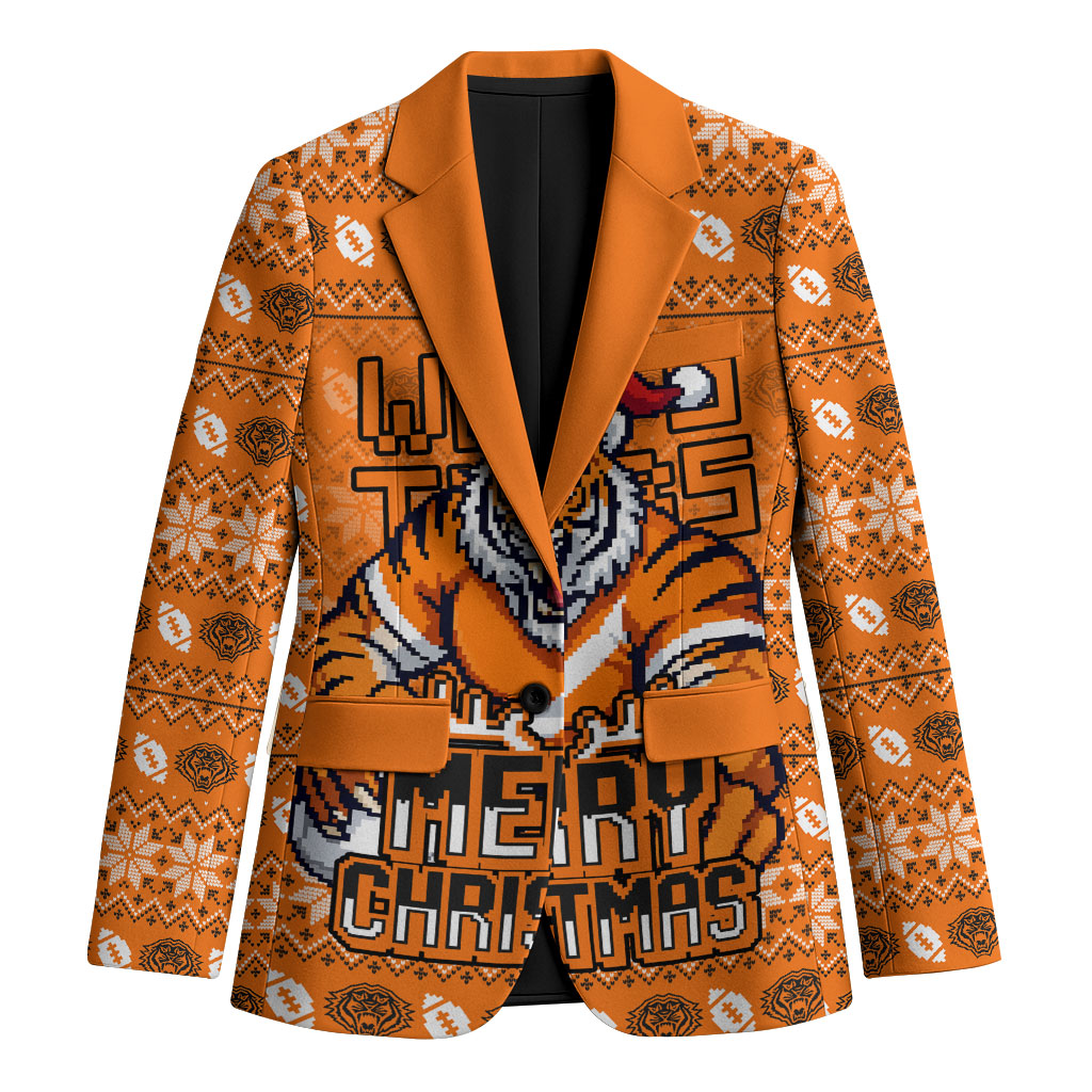 Personalized Wests Tigers Christmas Blazer Australian Rugby Fans - Pixelated Ugly Xmas Pattern Mascot Santa