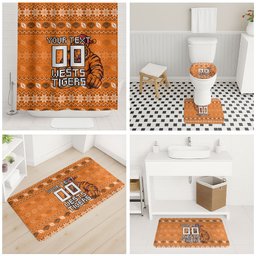 Personalized Wests Tigers Christmas Bathroom Set Australian Rugby Fans - Pixelated Ugly Xmas Pattern Mascot Santa