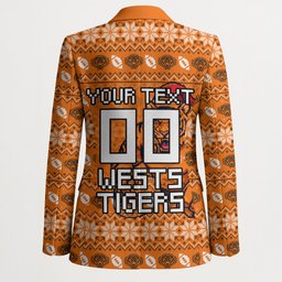 Personalized Wests Tigers Christmas Blazer Australian Rugby Fans - Pixelated Ugly Xmas Pattern Mascot Santa