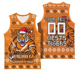 Personalized Wests Tigers Christmas Basketball Jersey Australian Rugby Fans - Pixelated Ugly Xmas Pattern Mascot Santa