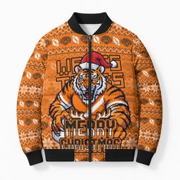 Personalized Wests Tigers Christmas Bomber Puffer Jacket Australian Rugby Fans - Pixelated Ugly Xmas Pattern Mascot Santa