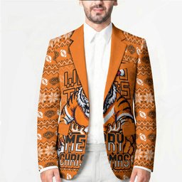 Personalized Wests Tigers Christmas Blazer Australian Rugby Fans - Pixelated Ugly Xmas Pattern Mascot Santa