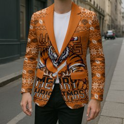 Personalized Wests Tigers Christmas Blazer Australian Rugby Fans - Pixelated Ugly Xmas Pattern Mascot Santa