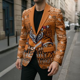 Personalized Wests Tigers Christmas Blazer Australian Rugby Fans - Pixelated Ugly Xmas Pattern Mascot Santa