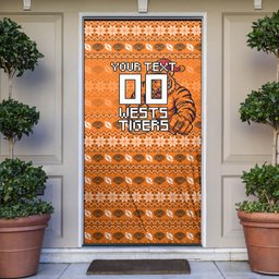 Personalized Wests Tigers Christmas Door Cover Australian Rugby Fans - Pixelated Ugly Xmas Pattern Mascot Santa