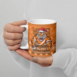 Personalized Wests Tigers Christmas Ceramic Mug Australian Rugby Fans - Pixelated Ugly Xmas Pattern Mascot Santa