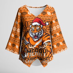 Personalized Wests Tigers Christmas Kimono Sleeve Blouse Australian Rugby Fans - Pixelated Ugly Xmas Pattern Mascot Santa