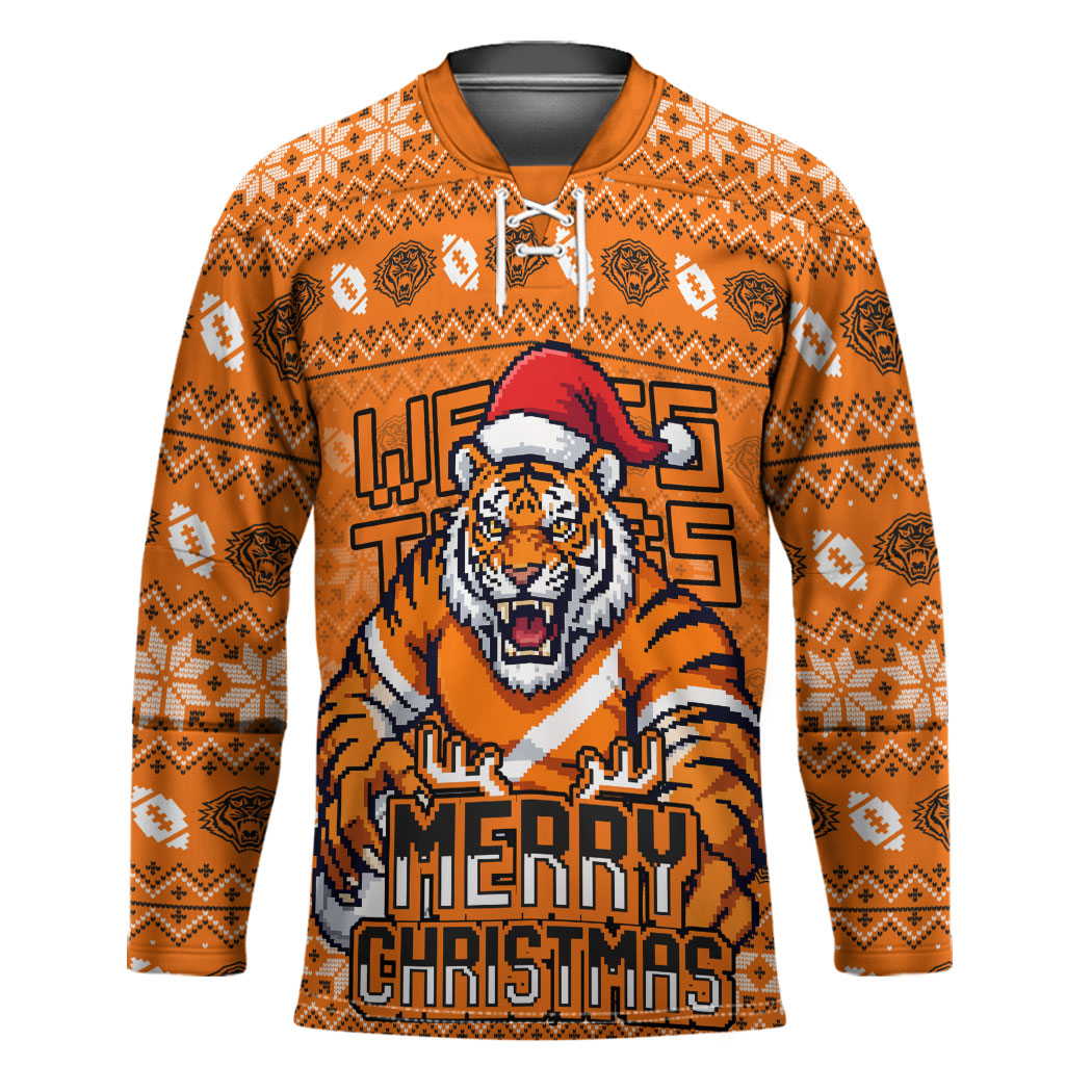 Personalized Wests Tigers Christmas Hockey Jersey Australian Rugby Fans - Pixelated Ugly Xmas Pattern Mascot Santa