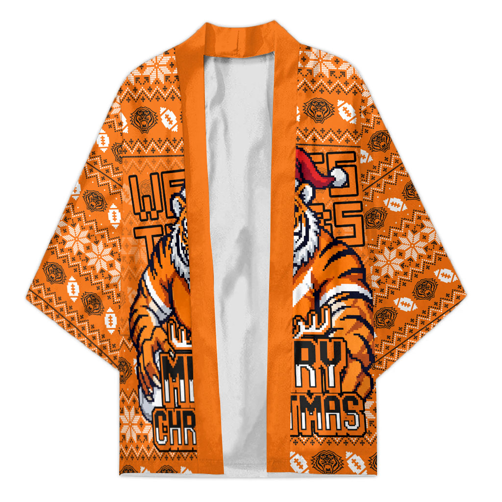 Personalized Wests Tigers Christmas Kimono Australian Rugby Fans - Pixelated Ugly Xmas Pattern Mascot Santa