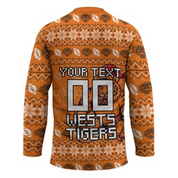 Personalized Wests Tigers Christmas Hockey Jersey Australian Rugby Fans - Pixelated Ugly Xmas Pattern Mascot Santa