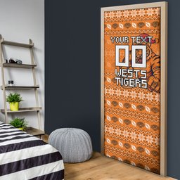 Personalized Wests Tigers Christmas Door Cover Australian Rugby Fans - Pixelated Ugly Xmas Pattern Mascot Santa