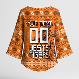 Personalized Wests Tigers Christmas Kimono Sleeve Blouse Australian Rugby Fans - Pixelated Ugly Xmas Pattern Mascot Santa