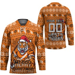 Personalized Wests Tigers Christmas Hockey Jersey Australian Rugby Fans - Pixelated Ugly Xmas Pattern Mascot Santa