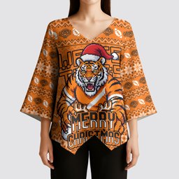 Personalized Wests Tigers Christmas Kimono Sleeve Blouse Australian Rugby Fans - Pixelated Ugly Xmas Pattern Mascot Santa