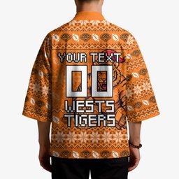 Personalized Wests Tigers Christmas Kimono Australian Rugby Fans - Pixelated Ugly Xmas Pattern Mascot Santa