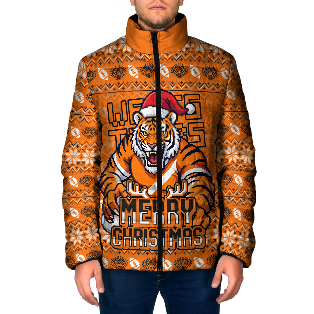 Personalized Wests Tigers Christmas Padded Jacket Australian Rugby Fans - Pixelated Ugly Xmas Pattern Mascot Santa