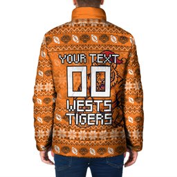 Personalized Wests Tigers Christmas Padded Jacket Australian Rugby Fans - Pixelated Ugly Xmas Pattern Mascot Santa