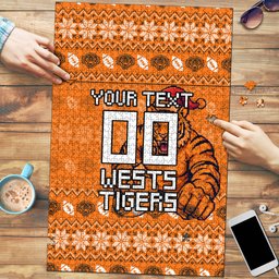 Personalized Wests Tigers Christmas Puzzle Australian Rugby Fans - Pixelated Ugly Xmas Pattern Mascot Santa