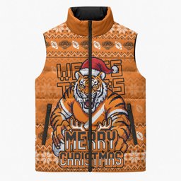 Personalized Wests Tigers Christmas Sleeveless Puffer Jacket Australian Rugby Fans - Pixelated Ugly Xmas Pattern Mascot Santa