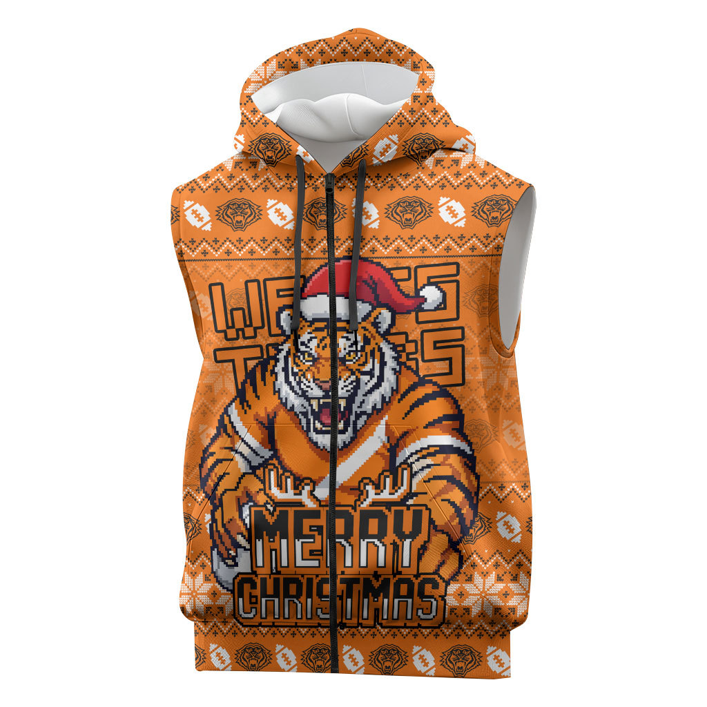 Personalized Wests Tigers Christmas Sleeveless Zip Hoodie Australian Rugby Fans - Pixelated Ugly Xmas Pattern Mascot Santa